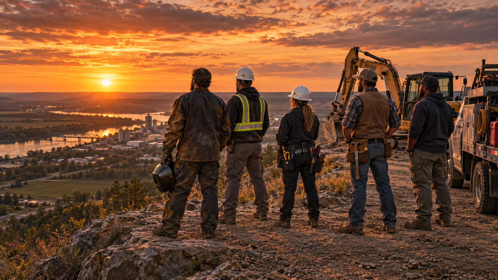 Five skilled tradespeople overlooking a working landscape at sunset